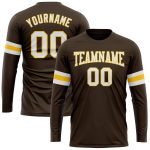 Custom Long Sleeve Performance T-Shirt in Brown and White-Gold for Men and Women Custom Brown White-Gold Long Sleeve Performance