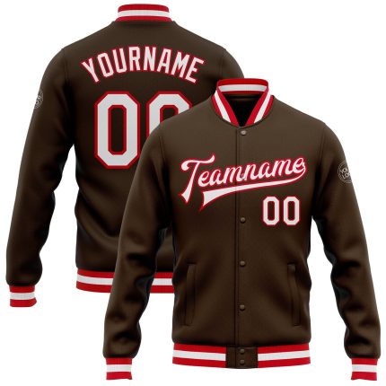 Custom Brown Red White Varsity Letterman Bomber Jacket Full-Snap Custom Brown White-Red Bomber Full-Snap Varsity Letterman