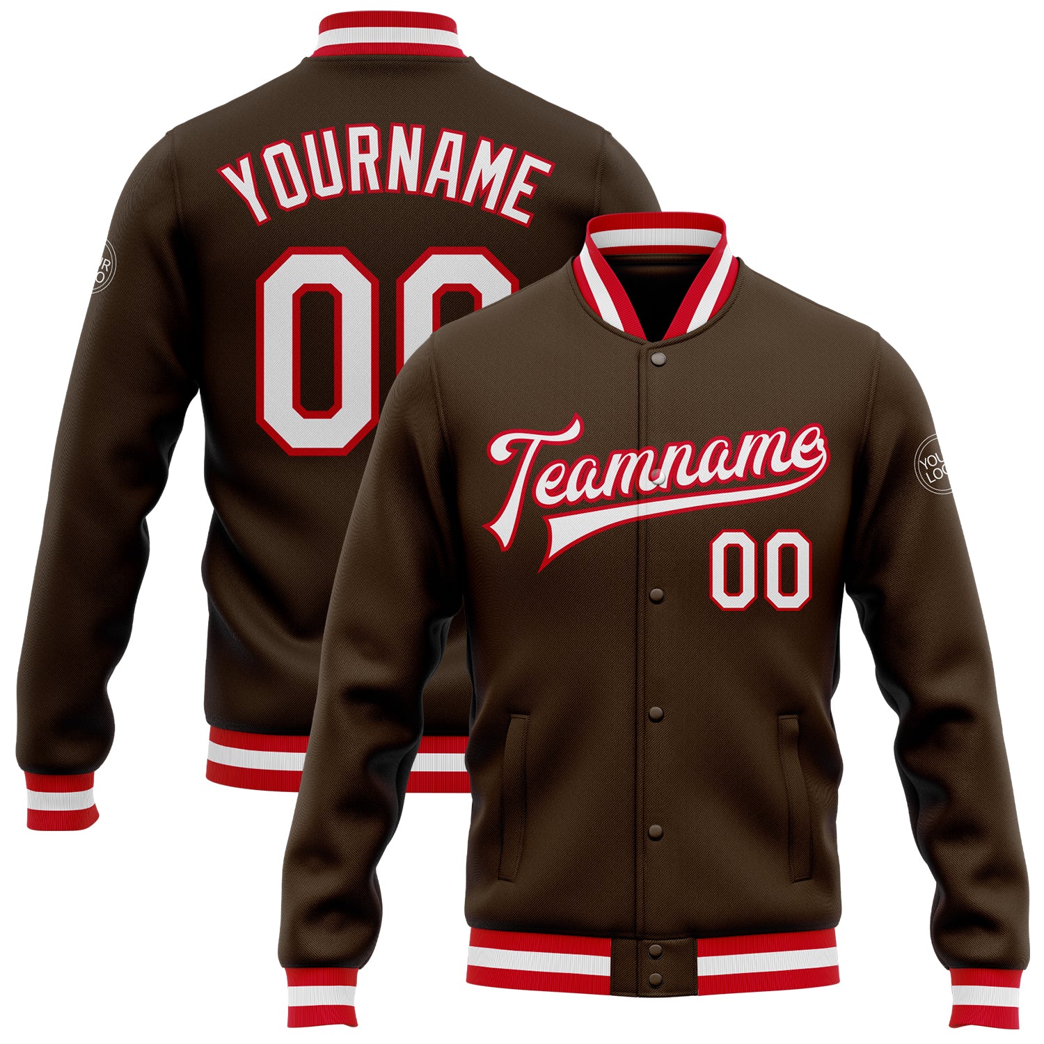 Custom Brown Red White Varsity Letterman Bomber Jacket Full-Snap Custom Brown White-Red Bomber Full-Snap Varsity Letterman