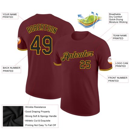 Burgundy Black-Gold Custom Performance T-Shirt for Men and Women Custom Burgundy Black-Gold Performance T-Shirt