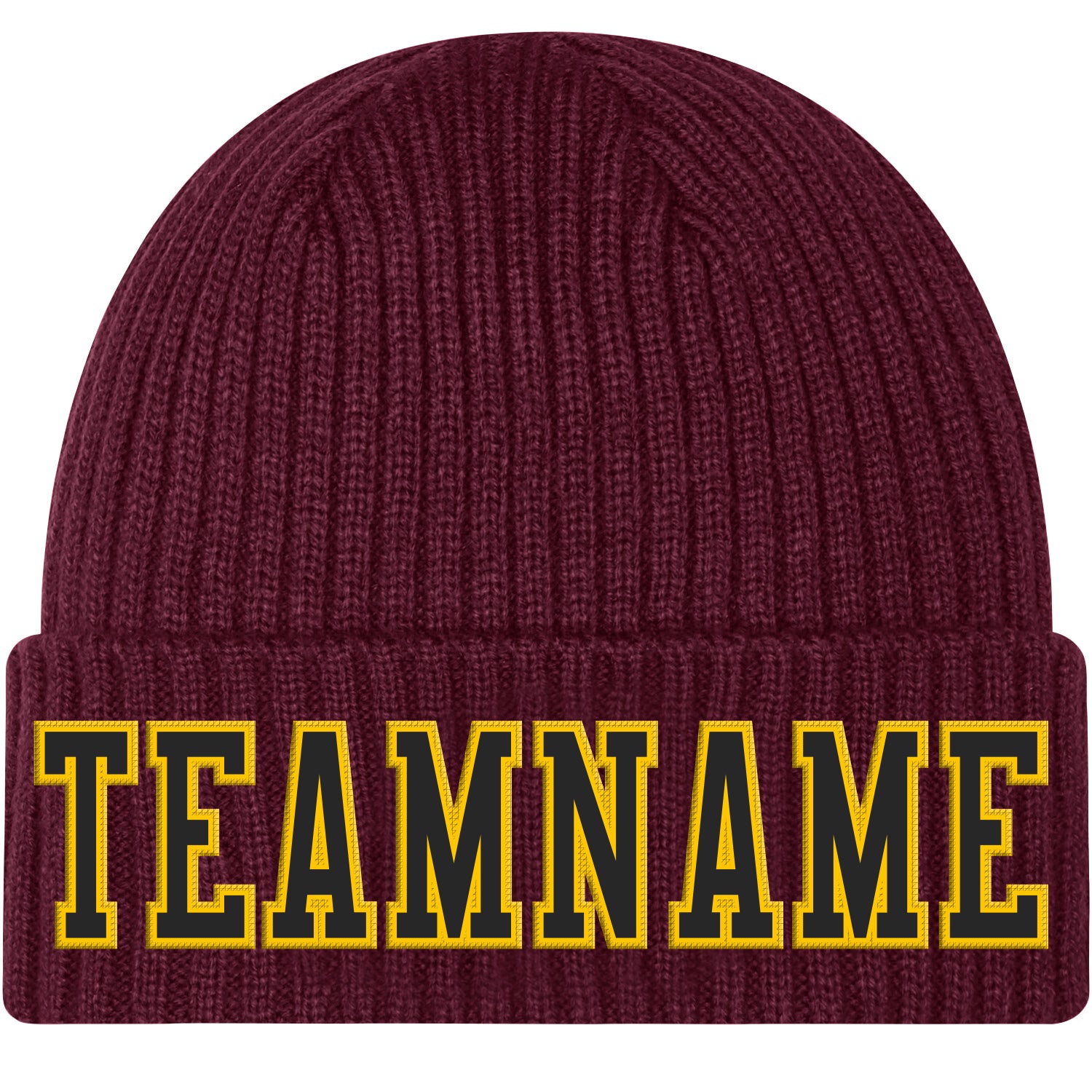 Custom Burgundy Black Gold Cuffed Knit Hat with Stitched Design Custom Burgundy Black-Gold Stitched Cuffed Knit Hat