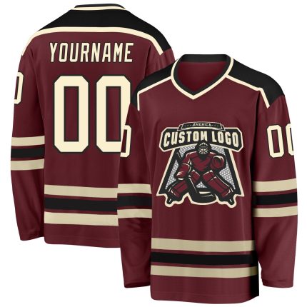 Burgundy Cream-Black Custom Hockey Jersey for Men and Women, Personalized Team Apparel Custom Burgundy Cream-Black Hockey