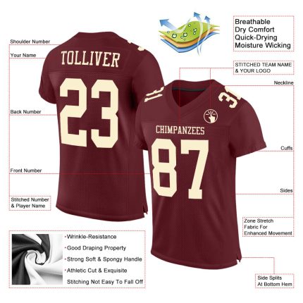 Custom Burgundy Cream Mesh Football Jersey - Authentic Team Gear Custom Burgundy Cream Mesh Authentic Football Jersey