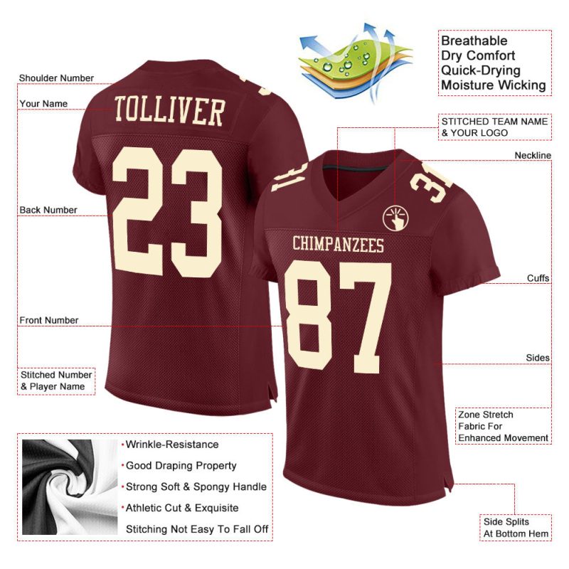 Custom Burgundy Cream Mesh Football Jersey - Authentic Team Gear Custom Burgundy Cream Mesh Authentic Football Jersey