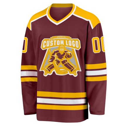 Burgundy Gold White Custom Hockey Jersey Personalized Team Apparel Custom Burgundy Gold-White Hockey Jersey