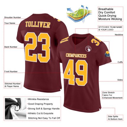 Burgundy Gold-White Mesh Custom Authentic Football Jersey Custom Burgundy Gold-White Mesh Authentic Football Jersey