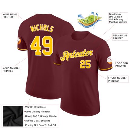 Custom Burgundy Performance T-Shirt with Gold and White Accents for Men and Women Custom Burgundy Gold-White Performance
