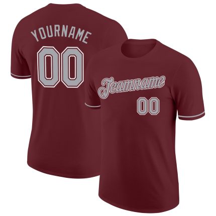 Burgundy Gray-White Performance Custom T-Shirt for Men and Women Custom Burgundy Gray-White Performance T-Shirt