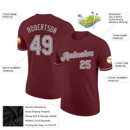 Burgundy Gray-White Performance Custom T-Shirt for Men and Women Custom Burgundy Gray-White Performance T-Shirt
