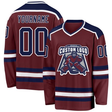 Custom Burgundy and White Hockey Jersey - Personalized Navy Design Custom Burgundy Navy-White Hockey Jersey