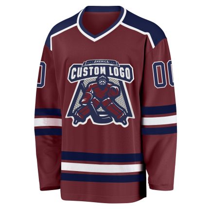 Custom Burgundy and White Hockey Jersey - Personalized Navy Design Custom Burgundy Navy-White Hockey Jersey