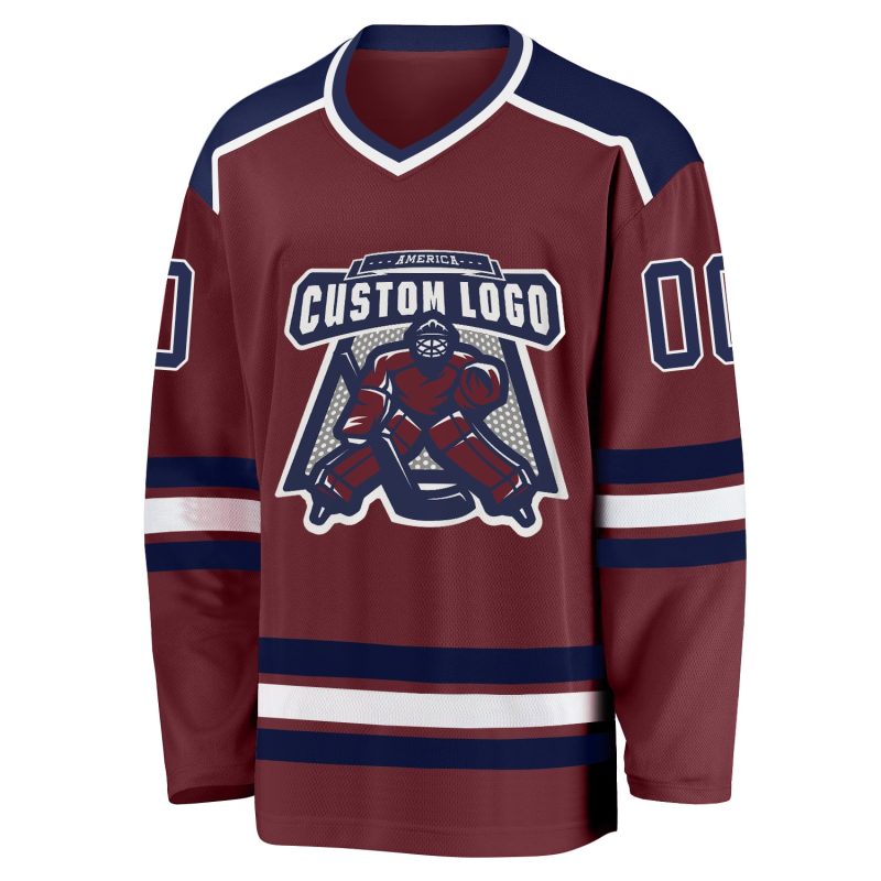 Custom Burgundy and White Hockey Jersey - Personalized Navy Design Custom Burgundy Navy-White Hockey Jersey