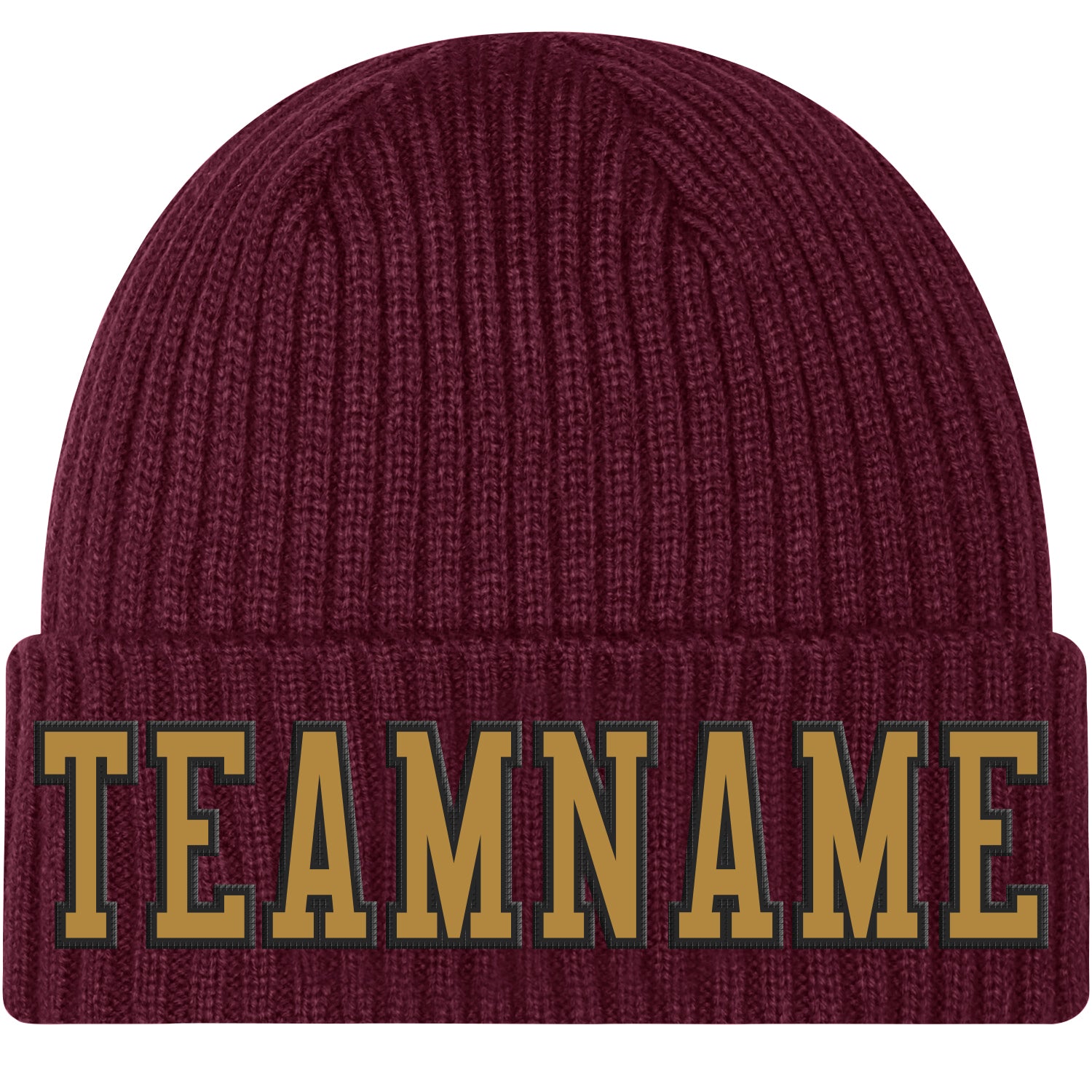 Burgundy Cuffed Knit Hat with Old Gold-Black Stitching - Custom Design Custom Burgundy Old Gold-Black Stitched Cuffed Knit