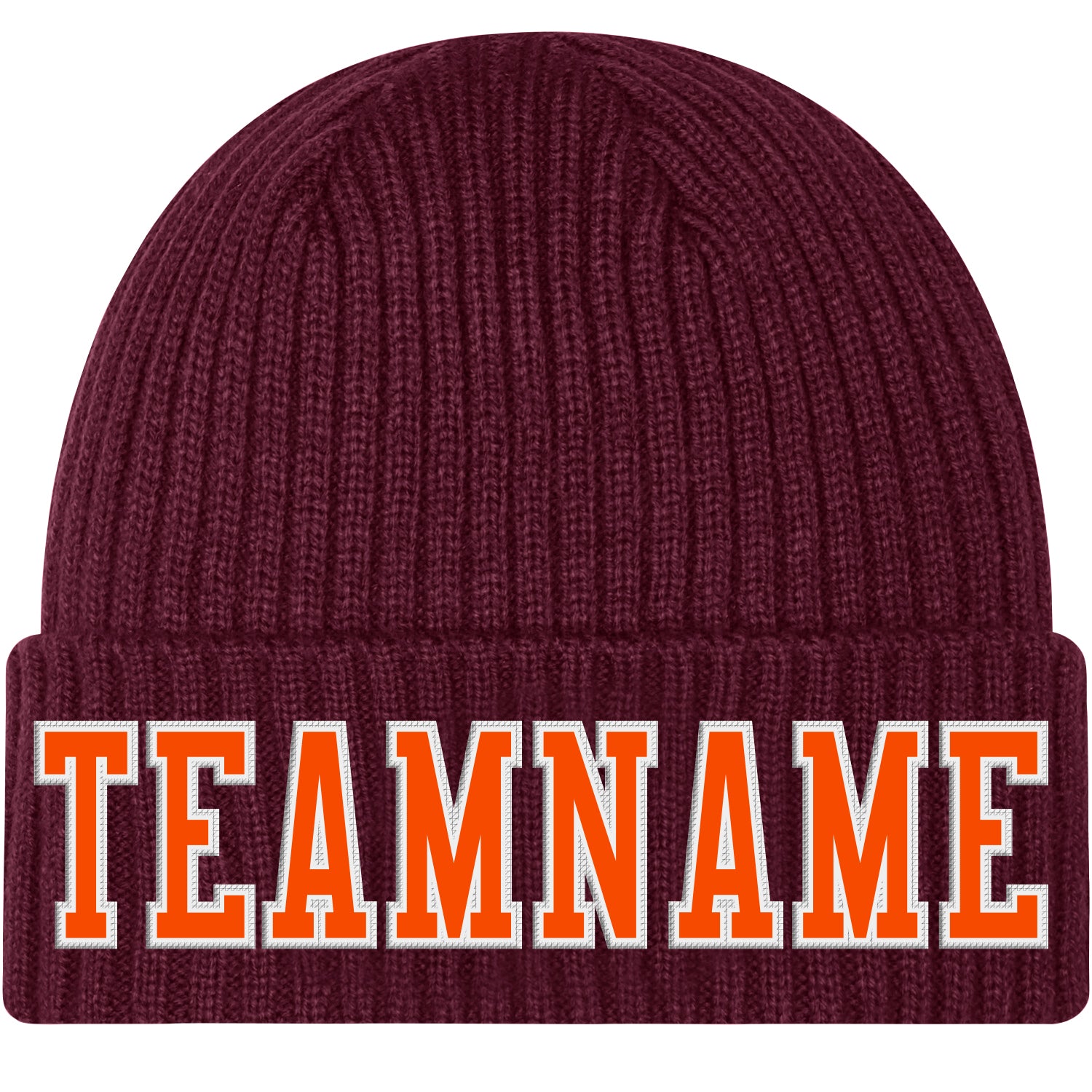 Burgundy and Orange-White Cuffed Knit Hat - Custom Design Beanie Custom Burgundy Orange-White Stitched Cuffed Knit Hat