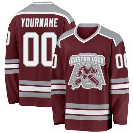 Custom Burgundy Hockey Jersey - Personalized White-Gray Design, Ideal for Teams and Fans Custom Burgundy White-Gray Hockey