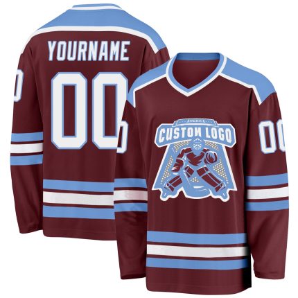 Burgundy Light Blue Custom Hockey Jersey for Men and Women Custom Burgundy White-Light Blue Hockey Jersey