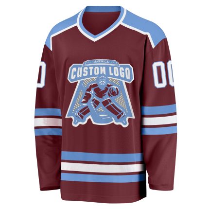 Burgundy Light Blue Custom Hockey Jersey for Men and Women Custom Burgundy White-Light Blue Hockey Jersey