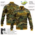 Black-Gold Camo Varsity Letterman Jacket for Service - Custom Full-Snap Bomber Custom Camo Black-Gold Bomber Full-Snap Varsity