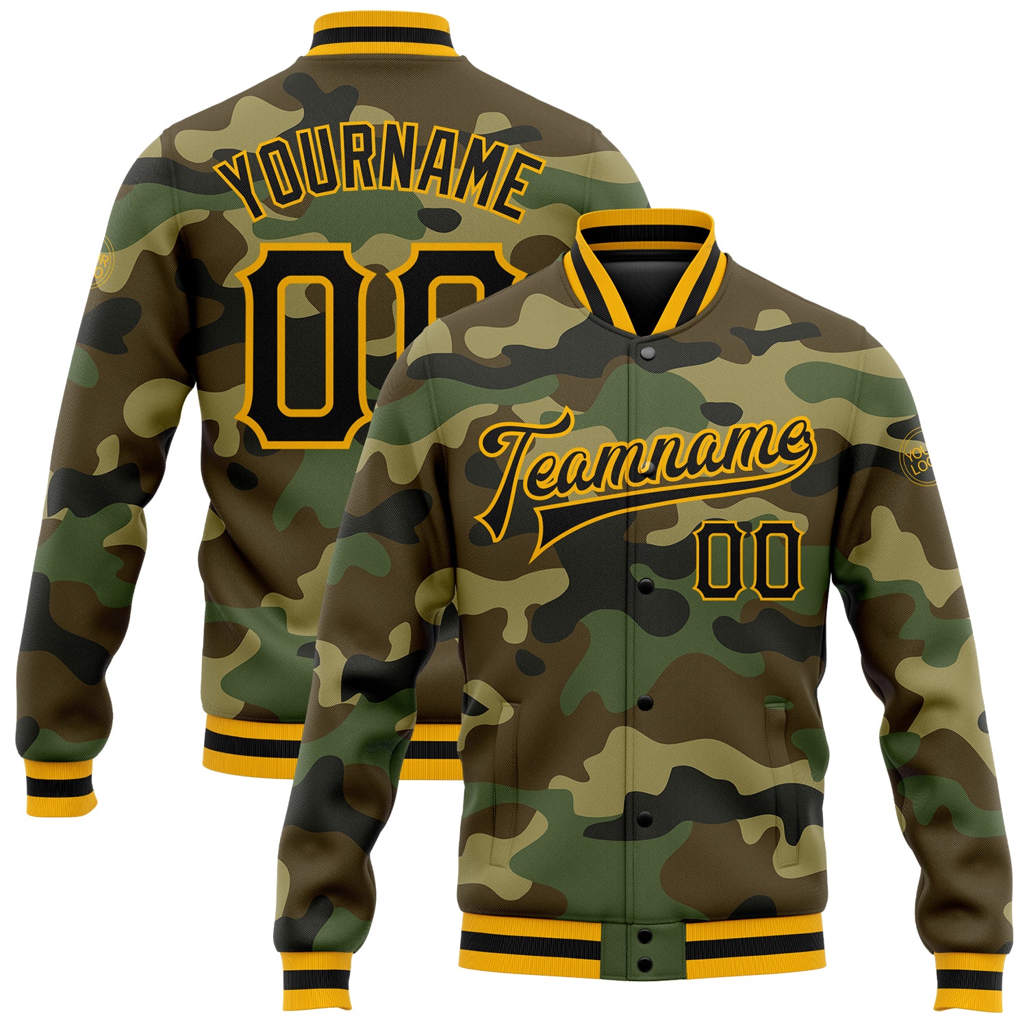 Custom Camo Black-Gold Bomber Full-Snap Varsity Letterman Salute To Service Jacket Black-Gold Camo Varsity Letterman Jacket for Service - Custom Full-Snap Bomber Custom Camo Black-Gold Bomber Full-Snap Varsity