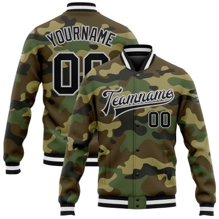 Custom Camo Black Gray Varsity Letterman Jacket Salute to Service Bomber Full-Snap Custom Camo Black-Gray Bomber Full-Snap