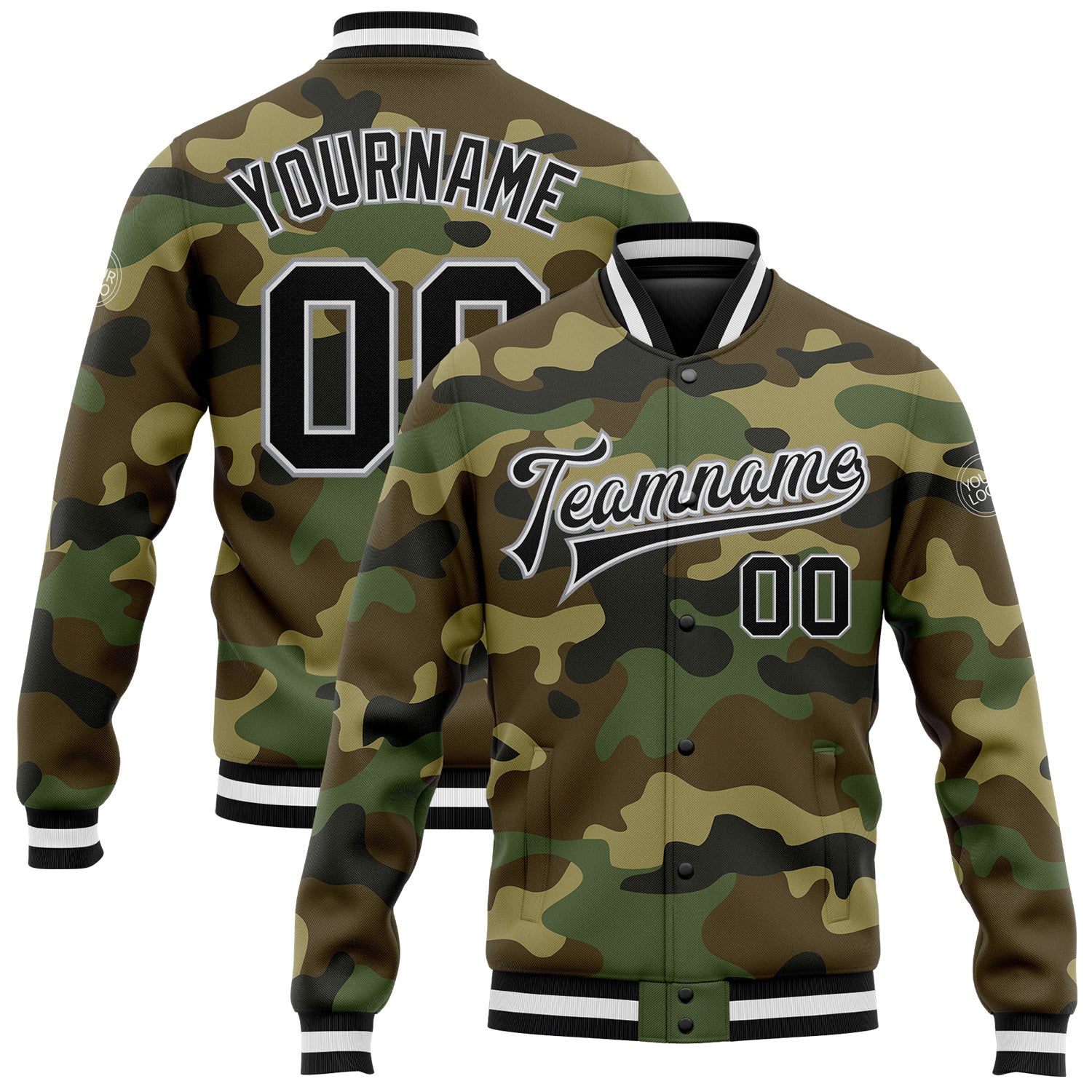Custom Camo Black Gray Varsity Letterman Jacket Salute to Service Bomber Full-Snap Custom Camo Black-Gray Bomber Full-Snap