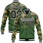Custom Camo Jacket Black Kelly Green 3D Bomber Varsity Full-Snap Letterman Salute To Service Custom Camo Black-Kelly Green