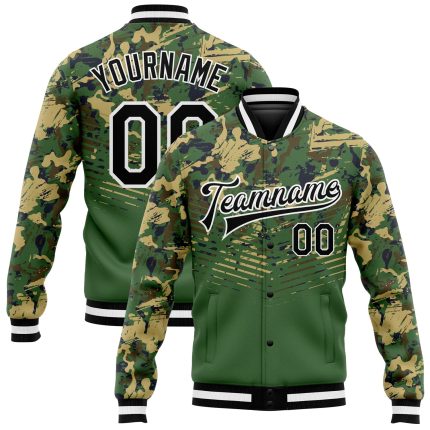 Custom Camo Jacket Black Kelly Green 3D Bomber Varsity Full-Snap Letterman Salute To Service Custom Camo Black-Kelly Green