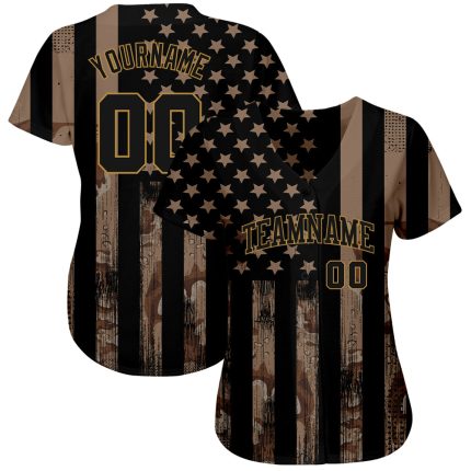 Salute to Service American Flag Baseball Jersey - Custom Camo Black & Old Gold 3D Design Custom Camo Black-Old Gold 3D Salute