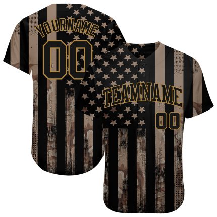 Salute to Service American Flag Baseball Jersey - Custom Camo Black & Old Gold 3D Design Custom Camo Black-Old Gold 3D Salute
