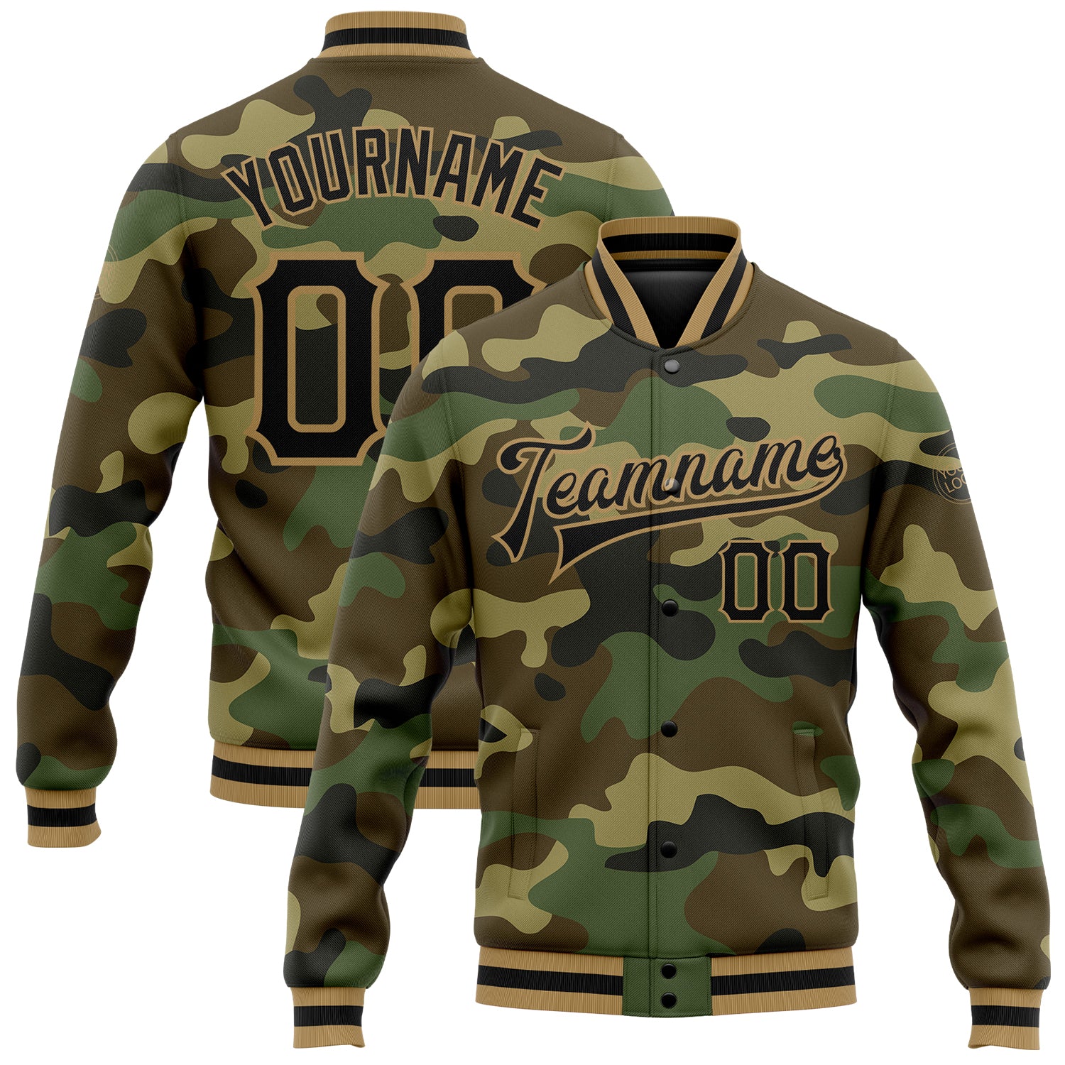 Custom Camo Black Old Gold Varsity Letterman Bomber Jacket Salute To Service Custom Camo Black-Old Gold Bomber Full-Snap