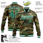 Kelly Green White Camo Varsity Letterman Bomber Jacket Custom Salute To Service Full-Snap Custom Camo Kelly Green-White Bomber