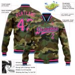 Custom Camo Jacket for Women - Pink Black Light Blue Bomber Full-Snap Varsity Letterman Salute to Service Custom Camo Pink