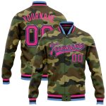 Custom Camo Jacket for Women - Pink Black Light Blue Bomber Full-Snap Varsity Letterman Salute to Service Custom Camo Pink