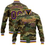 Custom Purple-Gold Camo Bomber Jacket Full-Snap Varsity Letterman Salute to Service Custom Camo Purple-Gold Bomber Full-Snap