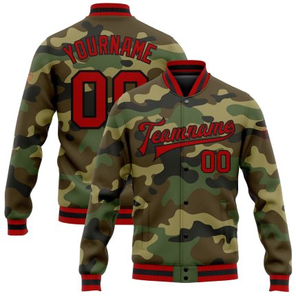 Custom Camo Red-Black Varsity Letterman Jacket for Salute to Service, Full-Snap Bomber Custom Camo Red-Black Bomber Full-Snap