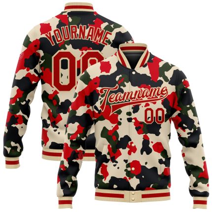 Custom Camo Jacket Red-Cream 3D Bomber Varsity Letterman Salute To Service Custom Camo Red-Cream 3D Bomber Full-Snap Varsity