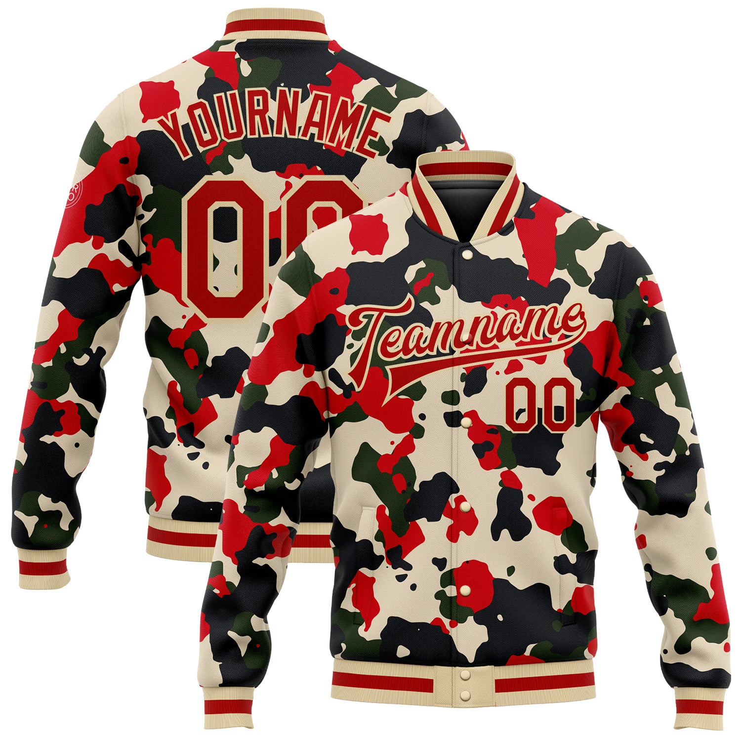 Custom Camo Jacket Red-Cream 3D Bomber Varsity Letterman Salute To Service Custom Camo Red-Cream 3D Bomber Full-Snap Varsity