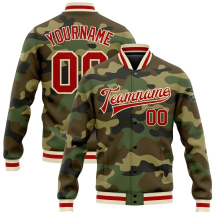Custom Camo Bomber Jacket Red Cream Varsity Letterman Salute to Service Custom Camo Red-Cream Bomber Full-Snap Varsity Letterman