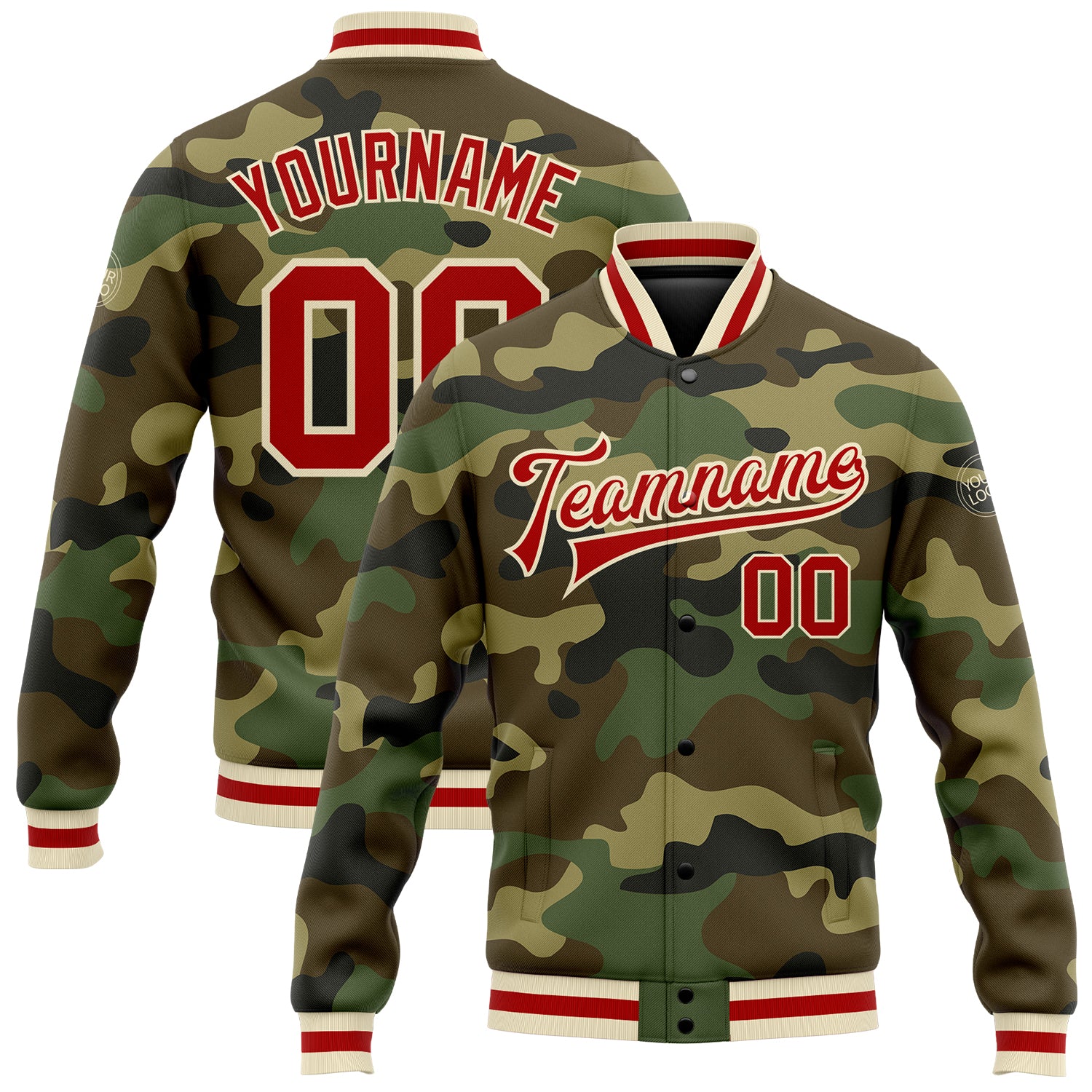 Custom Camo Bomber Jacket Red Cream Varsity Letterman Salute to Service Custom Camo Red-Cream Bomber Full-Snap Varsity Letterman