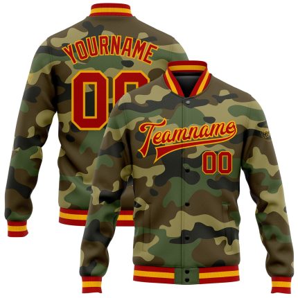Red Gold Camo Bomber Jacket | Full Snap Varsity Letterman Salute to Service Custom Camo Red-Gold Bomber Full-Snap Varsity