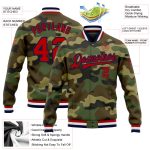 Camo Red-Navy Bomber Jacket for Men, Full-Snap Varsity Letterman Style, Salute to Service Custom Camo Red-Navy Bomber Full-Snap