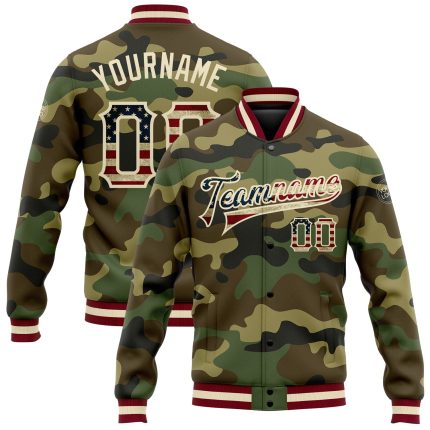 Custom Camo Vintage USA Flag Jacket - Cream Maroon Bomber Full-Snap Varsity Letterman Salute To Service Custom Camo Vintage