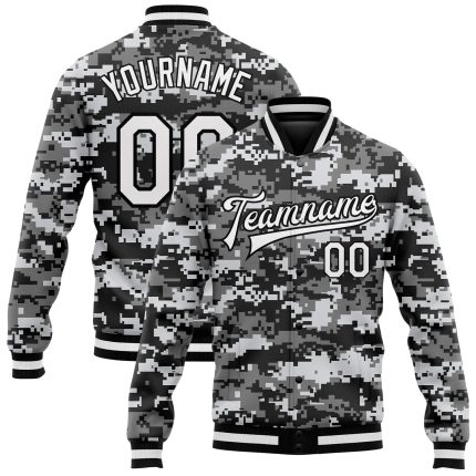 Custom Camo Salute To Service Jacket White-Black 3D Bomber Full-Snap Varsity Letterman Custom Camo White-Black 3D Bomber