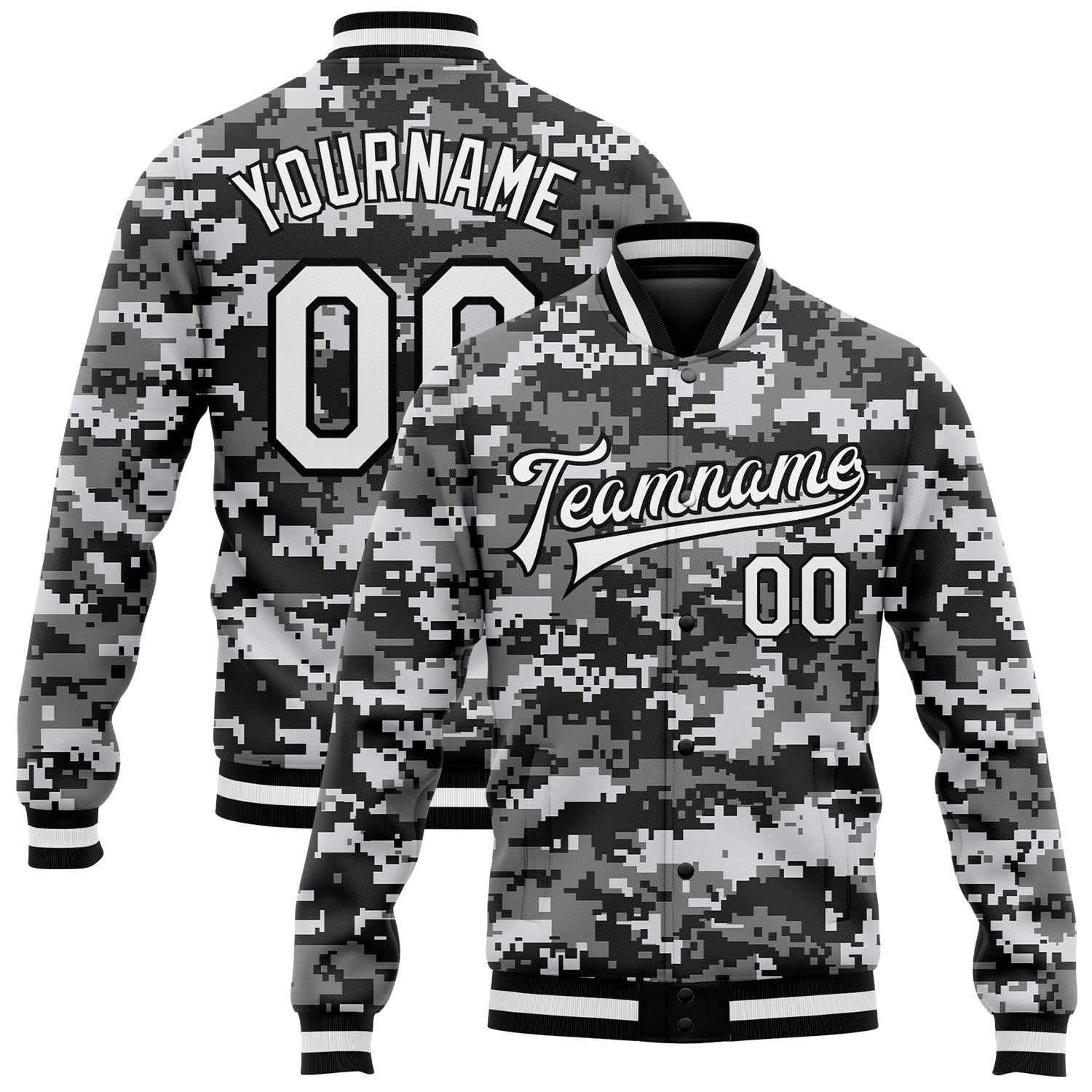 Custom Camo Salute To Service Jacket White-Black 3D Bomber Full-Snap Varsity Letterman Custom Camo White-Black 3D Bomber