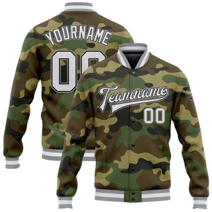 Camo Varsity Letterman Jacket White Black Gray Full-Snap Bomber Salute to Service Custom Camo White Black-Gray Bomber Full-Snap