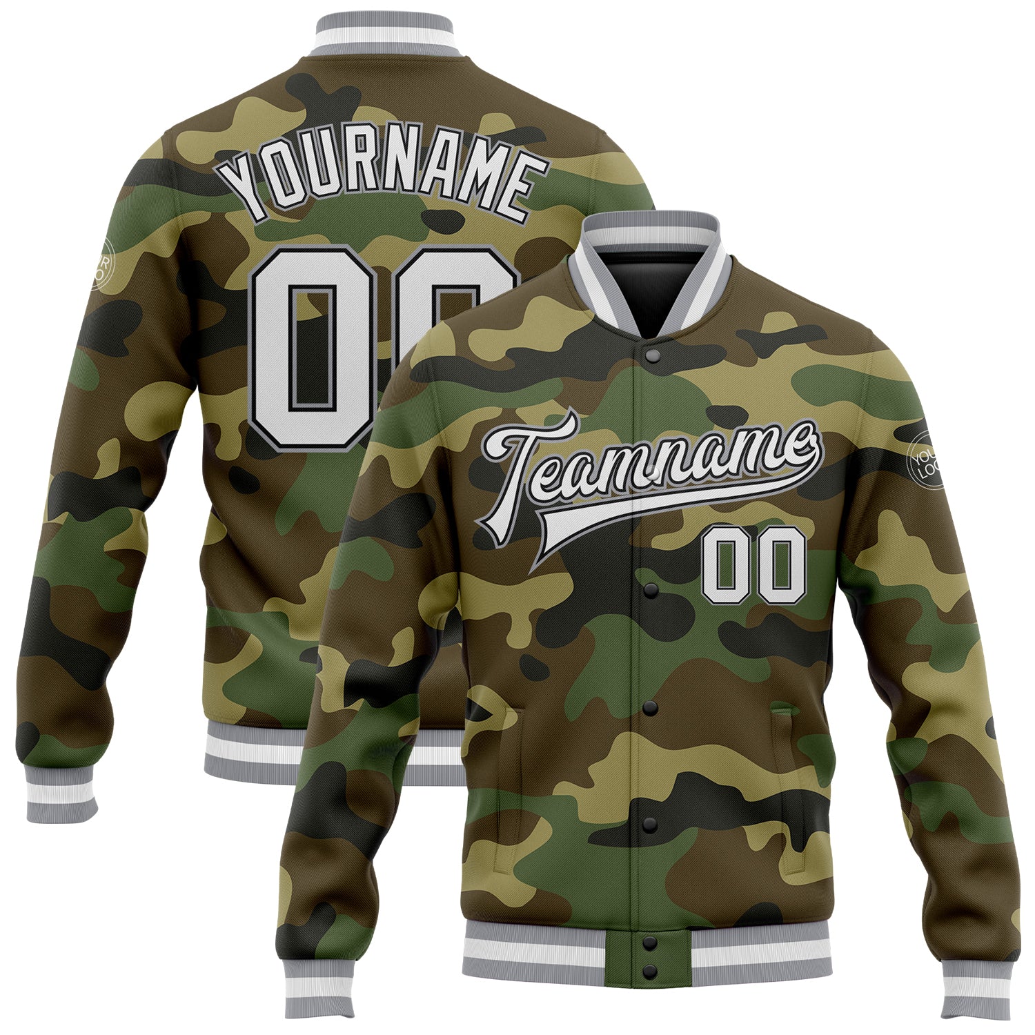 Custom Camo White Black-Gray Bomber Full-Snap Varsity Letterman Salute To Service Jacket Camo Varsity Letterman Jacket White Black Gray Full-Snap Bomber Salute to Service Custom Camo White Black-Gray Bomber Full-Snap