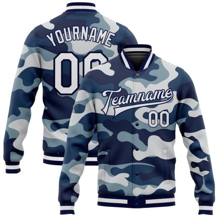 Custom Camo White Navy Bomber Jacket Salute To Service 3D Full-Snap Varsity Letterman Custom Camo White-Navy 3D Bomber Full-Snap