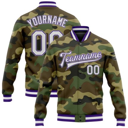 Custom Camo Jacket White Purple Gray Bomber Varsity Letterman Salute to Service Full-Snap Custom Camo White Purple-Gray Bomber