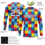 Autism Awareness Custom Colorful 3D Puzzle Pieces Long Sleeve Performance T-Shirt Custom Colorful White-Royal Autism Awareness
