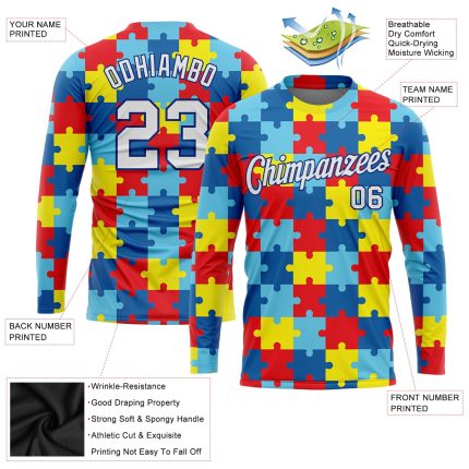 Autism Awareness Custom Colorful 3D Puzzle Pieces Long Sleeve Performance T-Shirt Custom Colorful White-Royal Autism Awareness